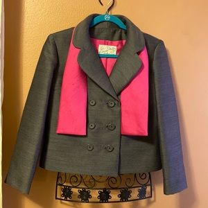 Bernice Mottz vintage gray suit jacket and pink scarf
